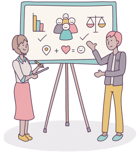 animated illustration of App designers discussing over a whiteboard that has notes regarding achieving balance between data and user happiness