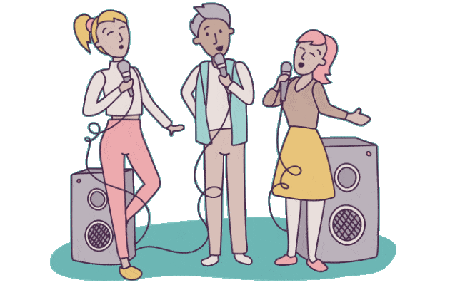 animated illustration of friends doing karaoke. Resbite app activity